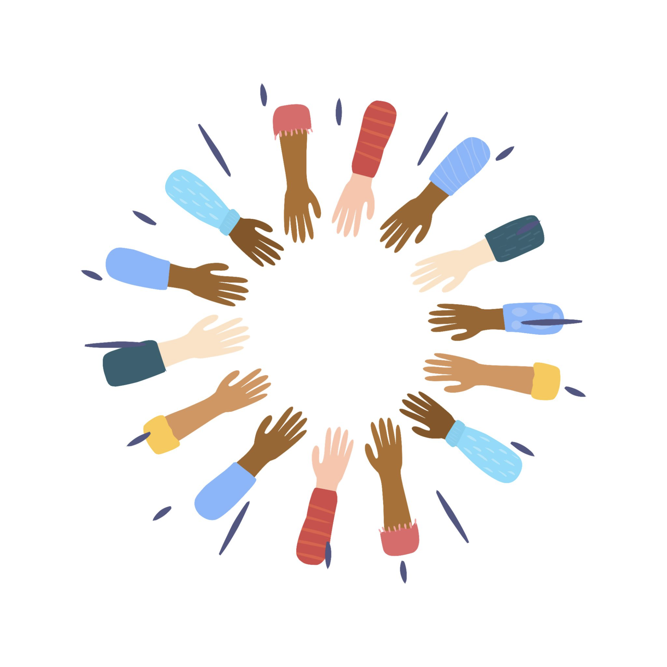 Diverse hands reaching together in a circle representing global healthcare collaboration and community unity